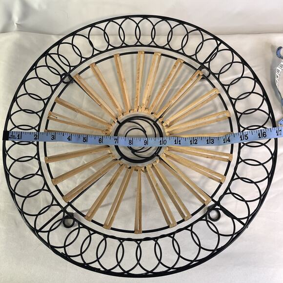 Large Woven Bamboo & Black Metal Round Tray Boho Farmhouse Decor 17” - Picture 7 of 9